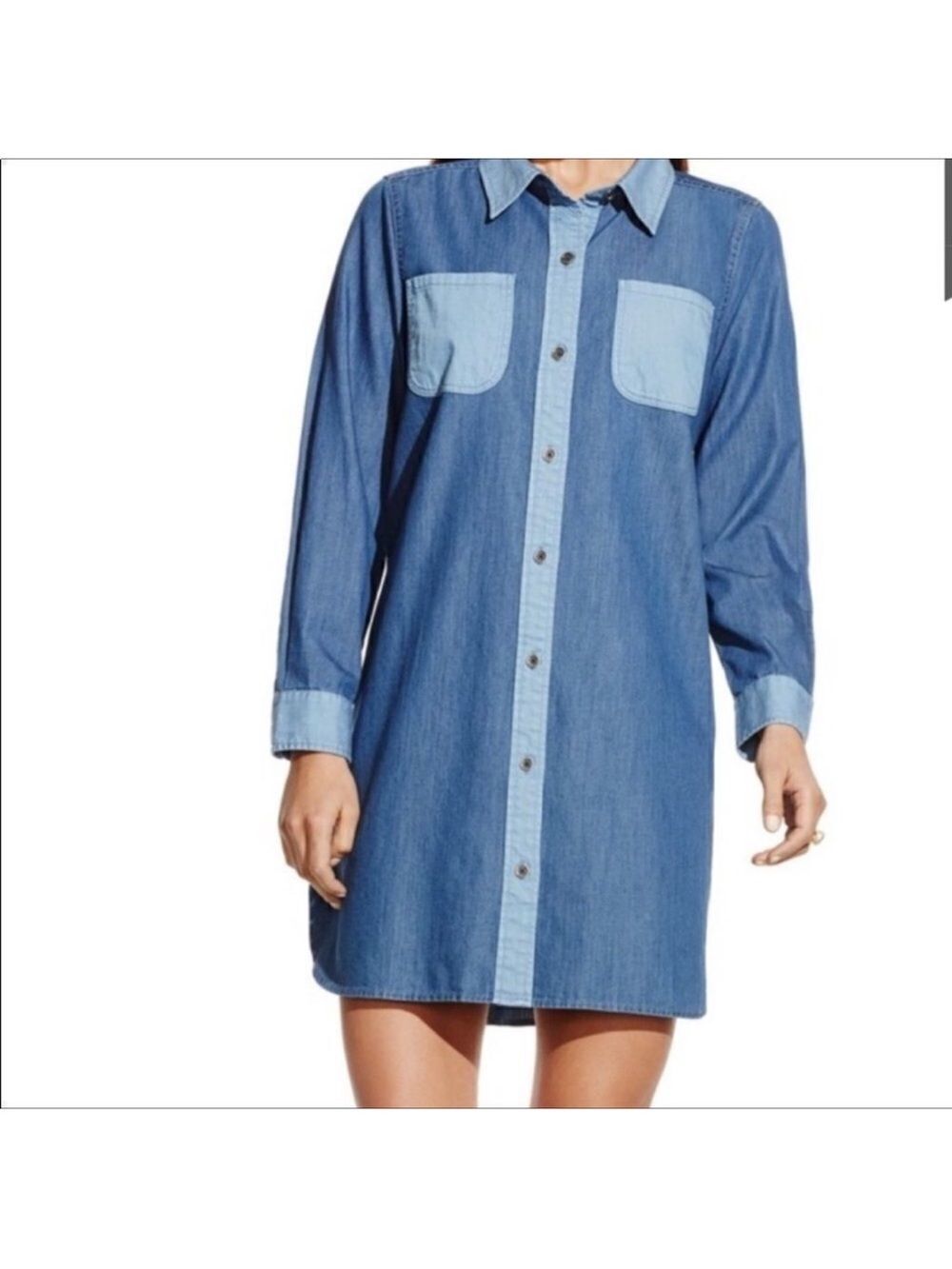 Vince Camuto L Long Sleeve Denim Blue Color Block Pockets Shirt Dress